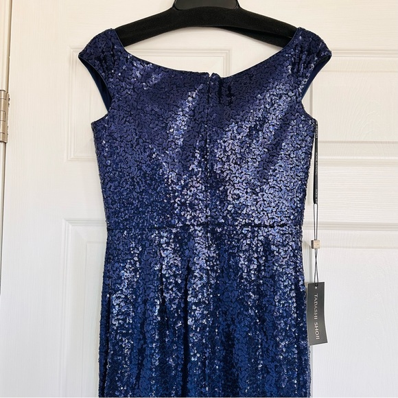 NWT TADASHI SHOJI SEQUIN OFF THE-SHOULDER GOWN NAVY PARTY FORMAL METALLIC   XS - Picture 14 of 14